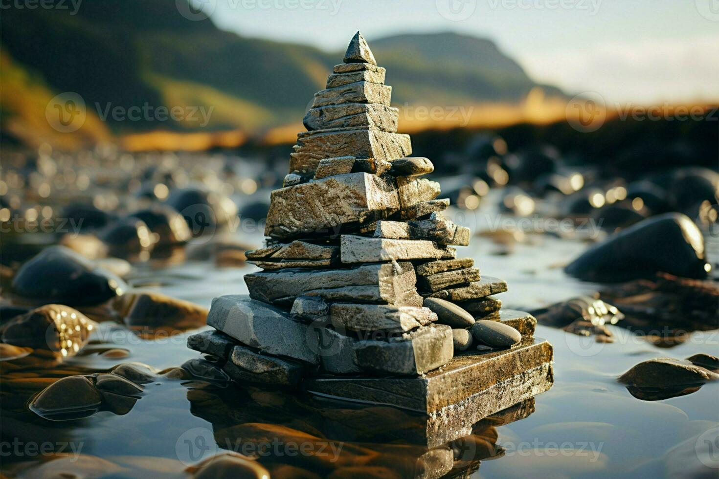Maritime monument Sea coast stones form a pyramid, echoing ancient traditions by waves AI Generated photo