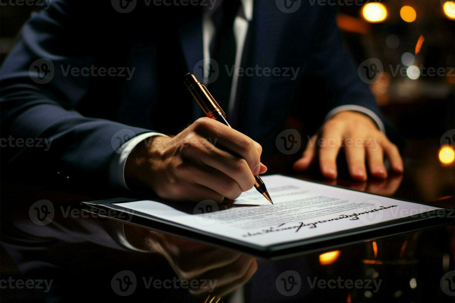 Symbol of accord Close up of businessmans contract signature marks binding agreement AI Generated photo