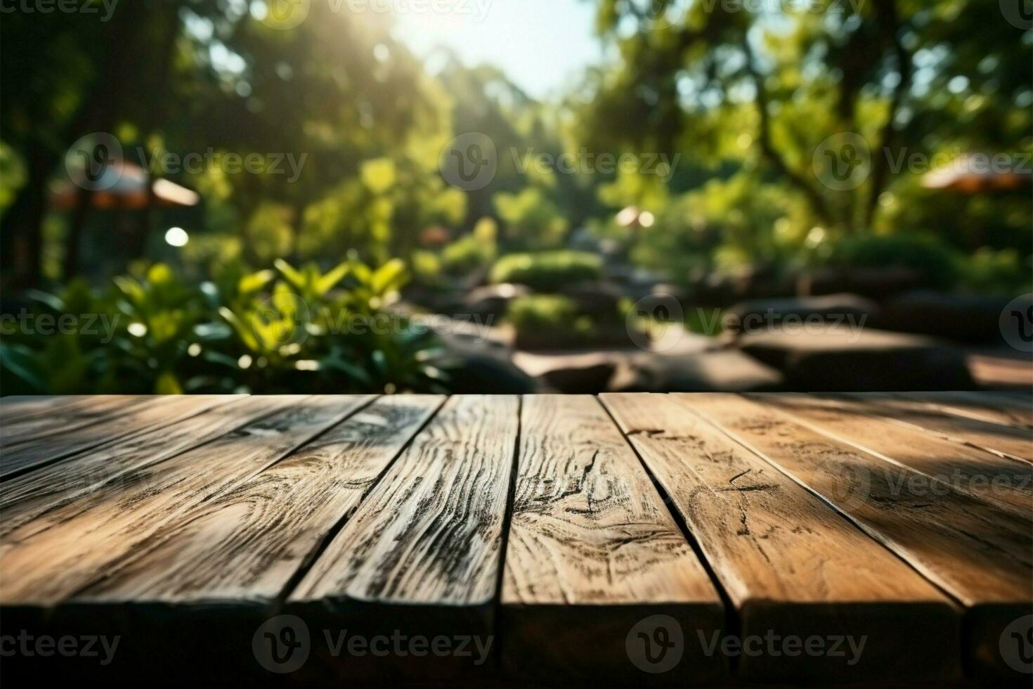 vacío de madera mesa para producto monitor montajes en el parque con naturaleza antecedentes ai generado foto