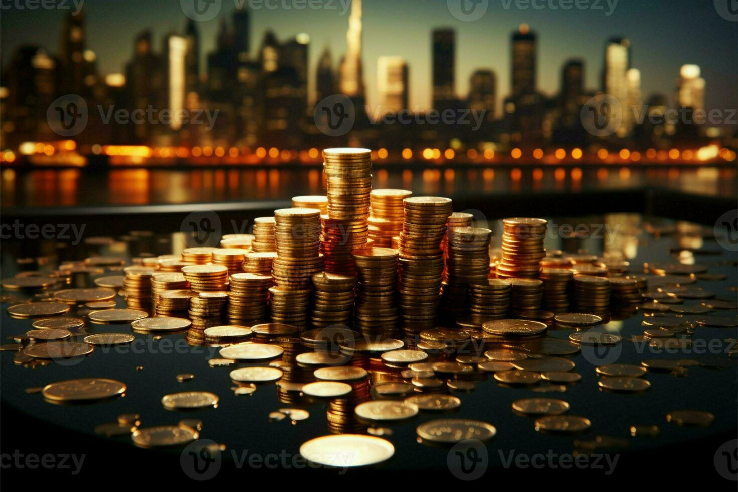 Coins merge with graph chart on cityscape, symbolizing growth synergy AI Generated photo