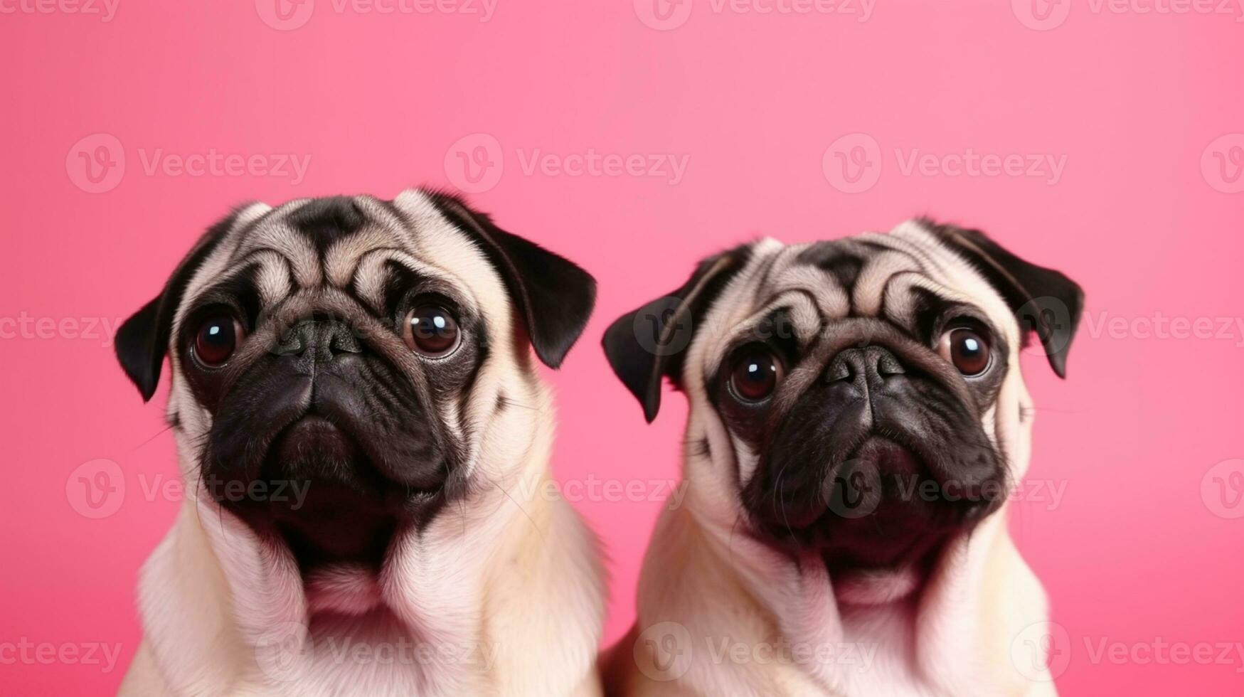 Two adorable pugs with blank board on pink background. Copy space. AI Generated photo