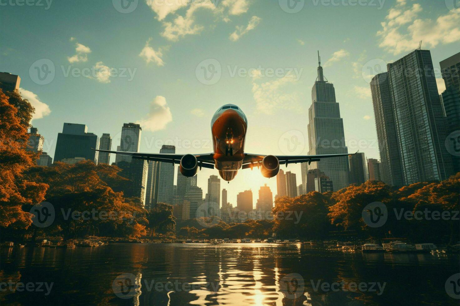 alto ciudad edificios y un avión volador gastos generales ai generado foto