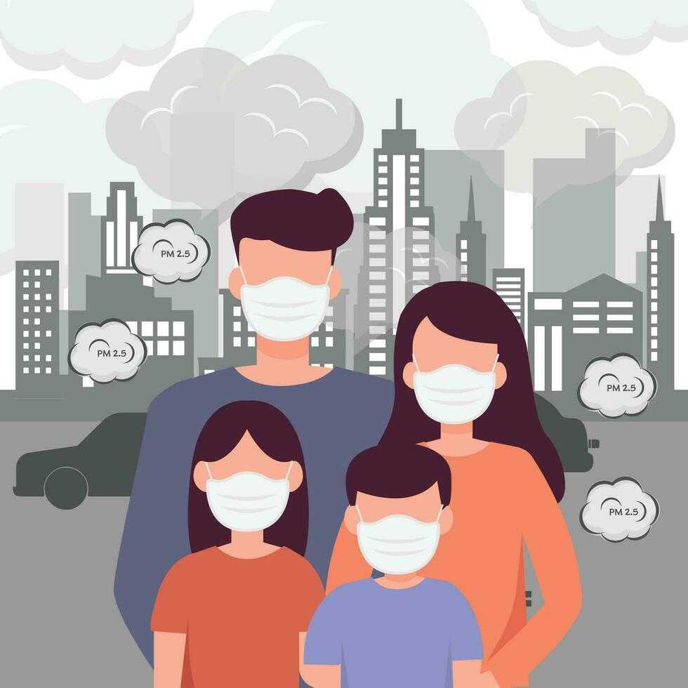 family wearing masks for protecting from air smoke city car pollution cartoon character vector flat illustration.