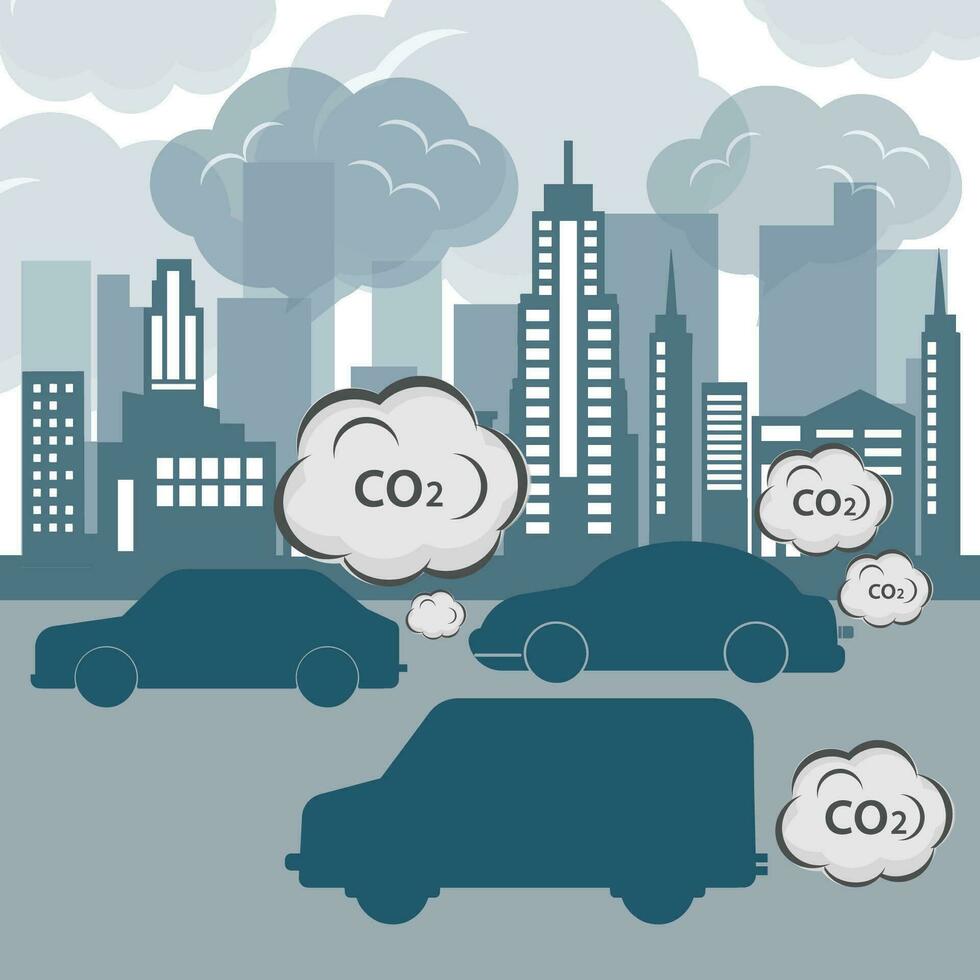 aire contaminación ambiente a ciudad, vehículo tráfico y tóxico contaminación. coche con carbón dióxido nubes plano vector ilustración.