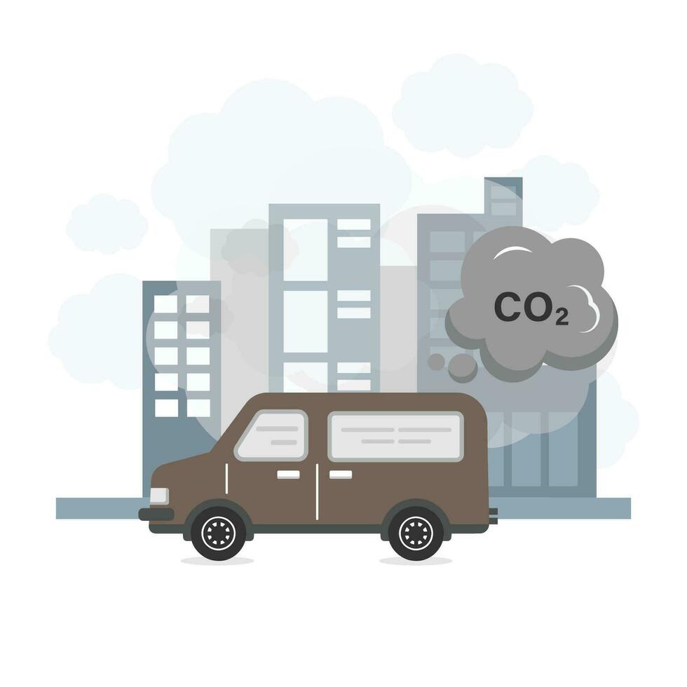 Car air pollution. Smoke from car cover the city and the sky. Vehicle toxic pollution vector illustration