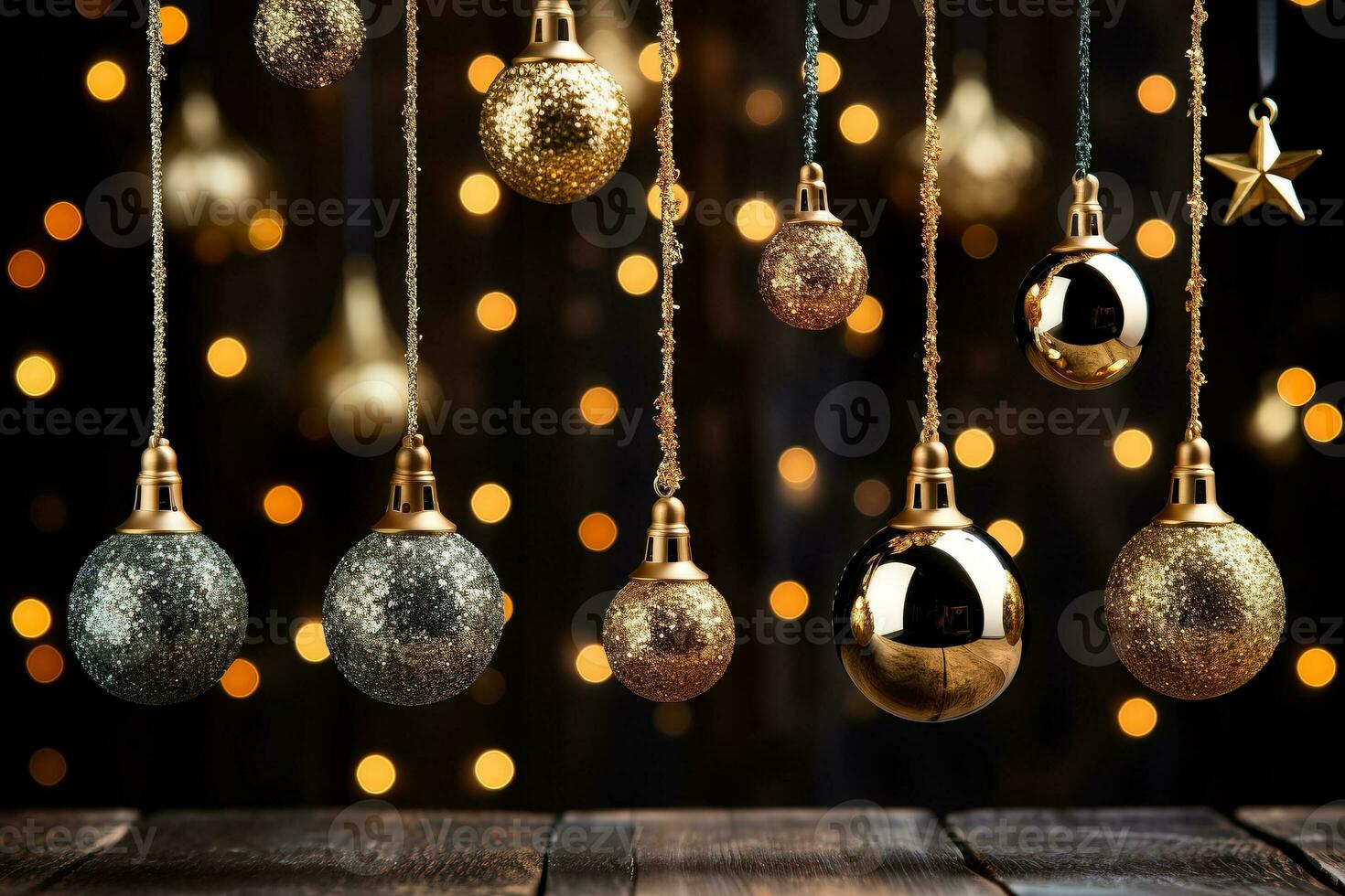 A collection of golden bell ornaments hanging on a glittery gradient background radiating elegance and festive cheer photo