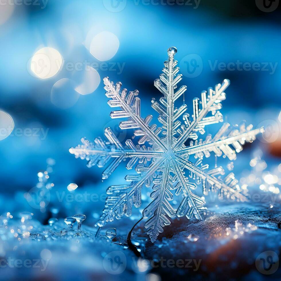 A close-up shot captures intricately detailed snowflakes resting gently on a shimmering icy blue surface photo