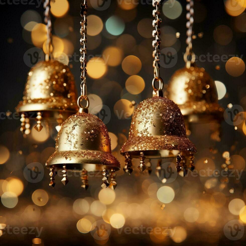 un colección de dorado campana adornos colgando en un reluciente degradado antecedentes radiante elegancia y festivo animar foto