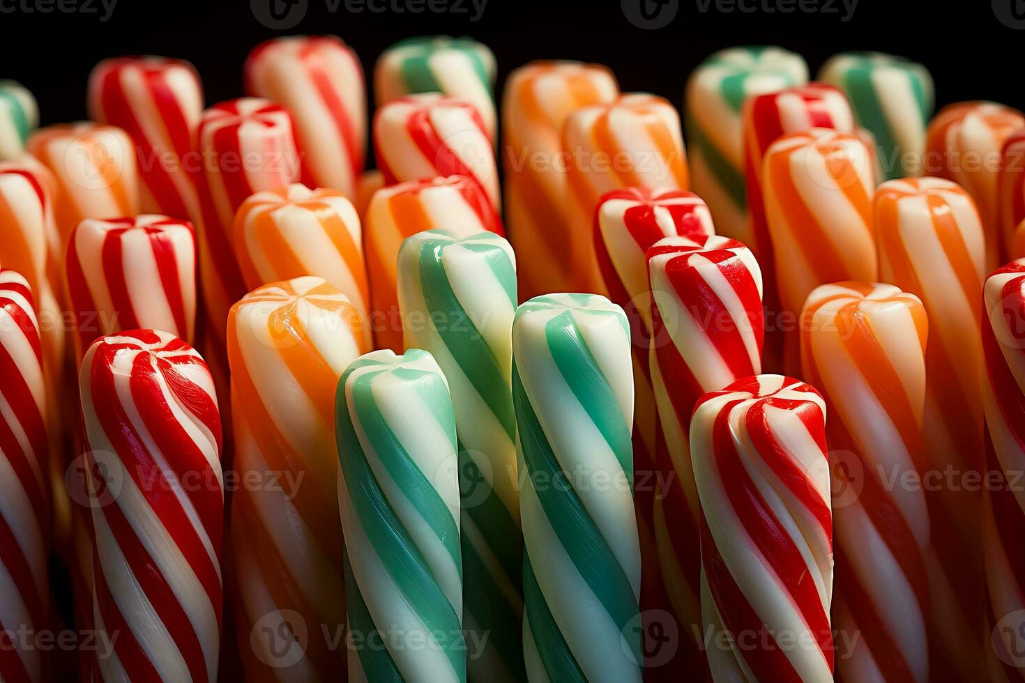 A close-up shot of colorful candy canes arranged in a low relief pattern against a backdrop of peppermint striped backgrounds photo