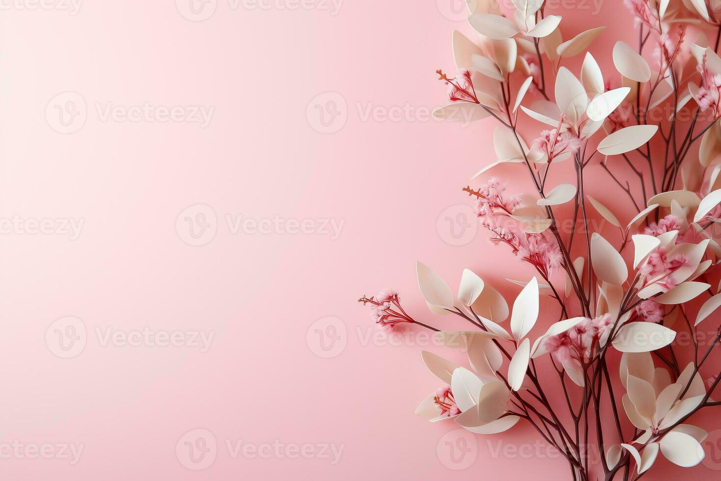 A close-up shot of delicate mistletoe leaves on a light blush pink background creating a subtle yet festive ambiance photo