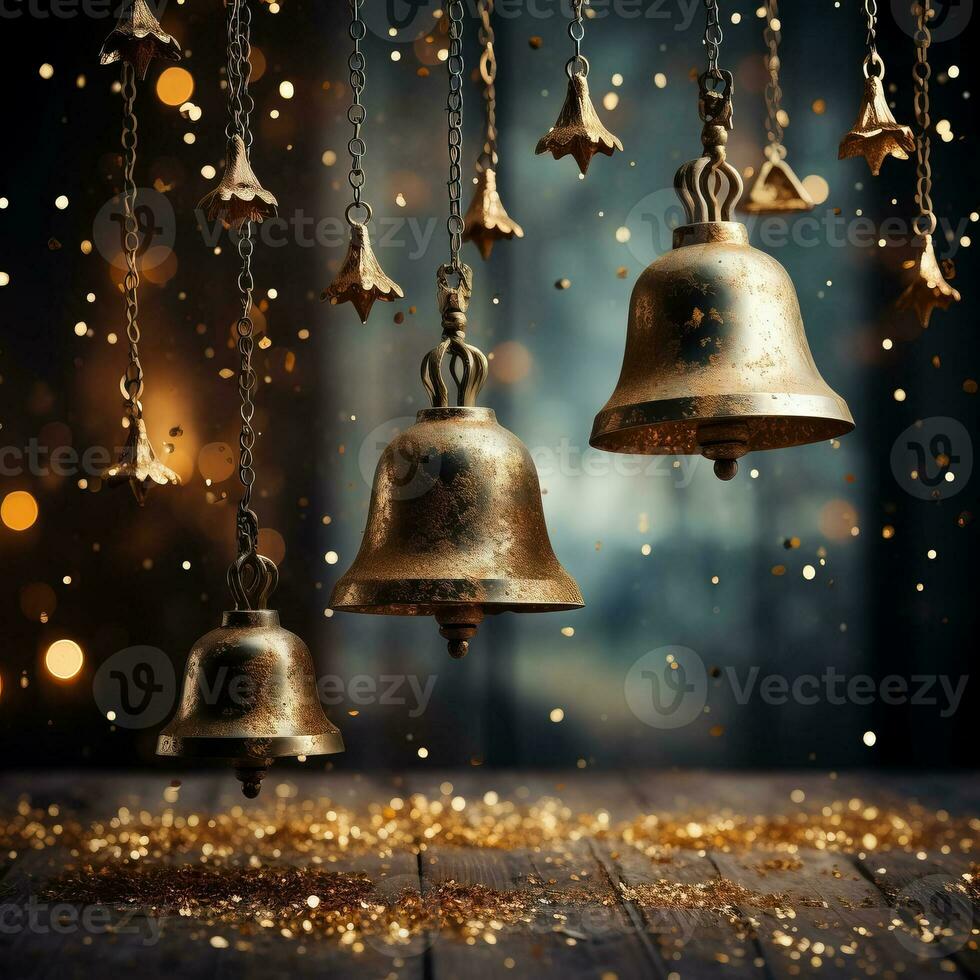 A collection of golden bell ornaments hanging on a glittery gradient background radiating elegance and festive cheer photo