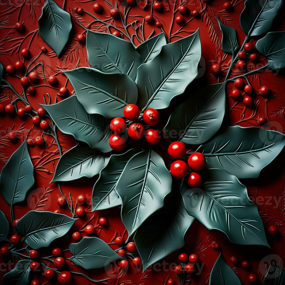 A close-up shot of intricately designed holly leaves with low relief against a festive red background providing empty space for text photo