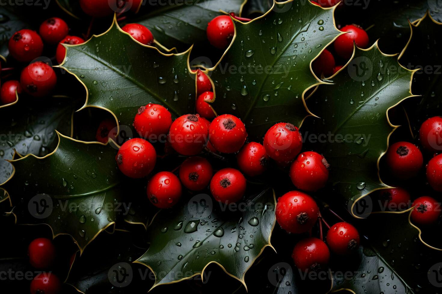 Glistening holly leaves create a striking low relief against a backdrop of festive red hues photo