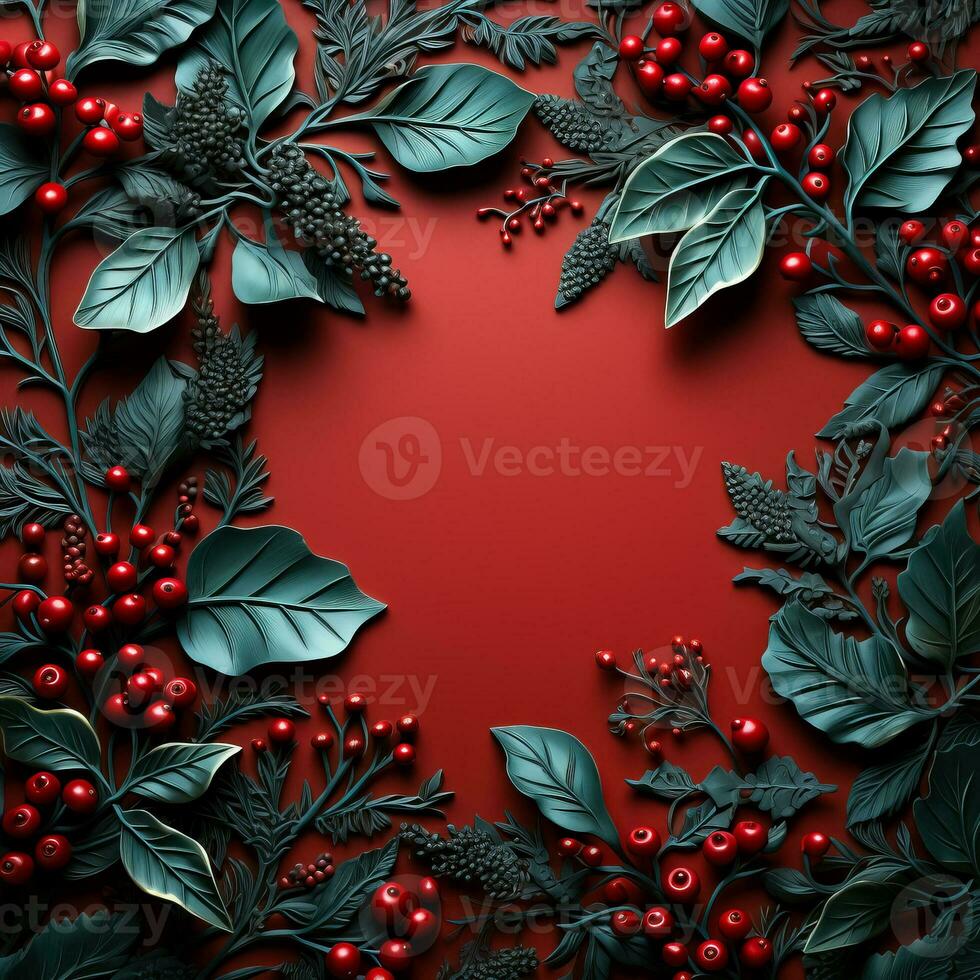 A close-up shot of intricately designed holly leaves with low relief against a festive red background providing empty space for text photo