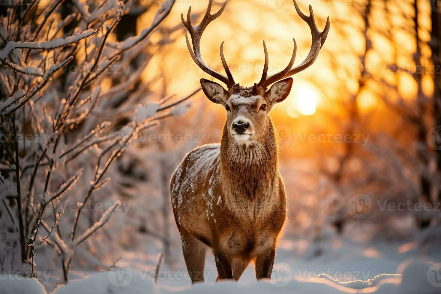 A majestic reindeer silhouette stands out against a pristine snowy landscape capturing the essence of winter tranquility photo