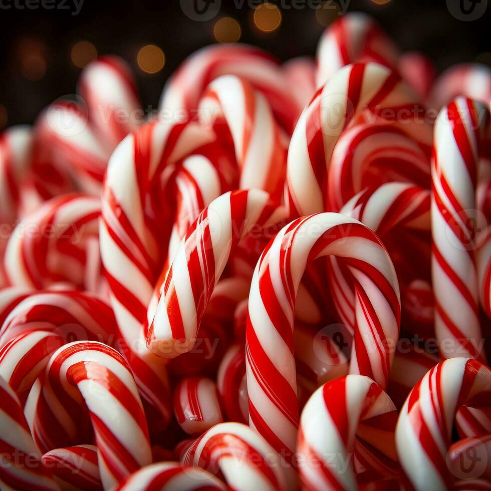 A close-up shot of candy canes arranged on peppermint striped backgrounds with empty space for text photo