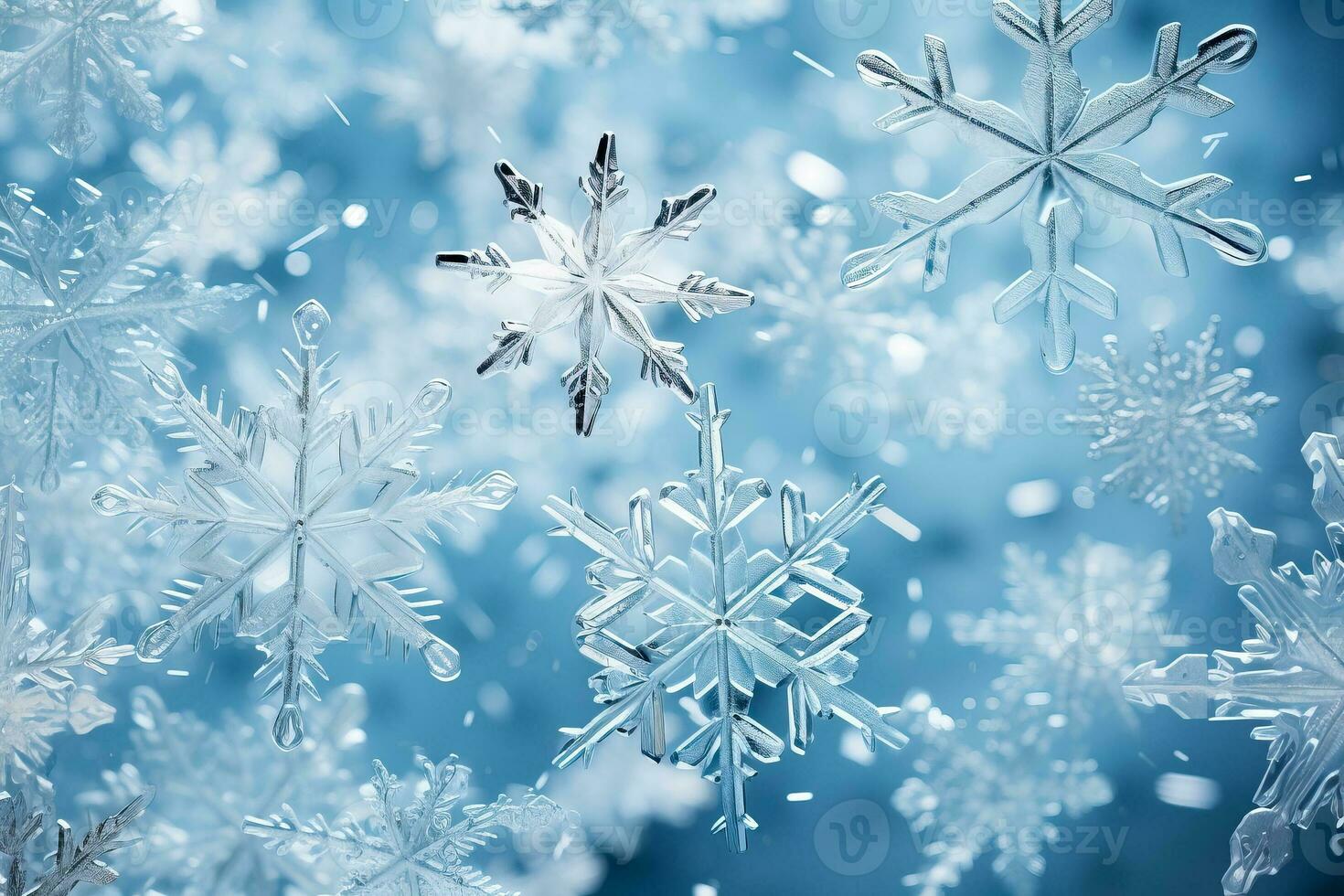 Delicate snowflakes dance on icy blue backgrounds creating a mesmerizing low relief in a winter wonderland photo