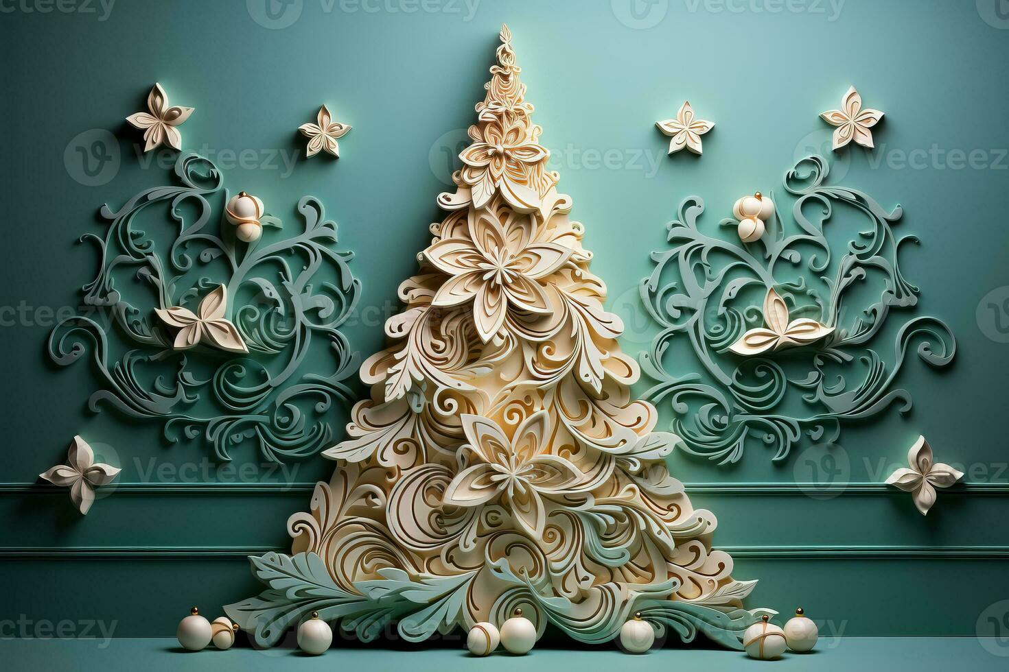 A close-up of a beautifully decorated Christmas tree low relief against a mint green backdrop exuding festive cheer photo