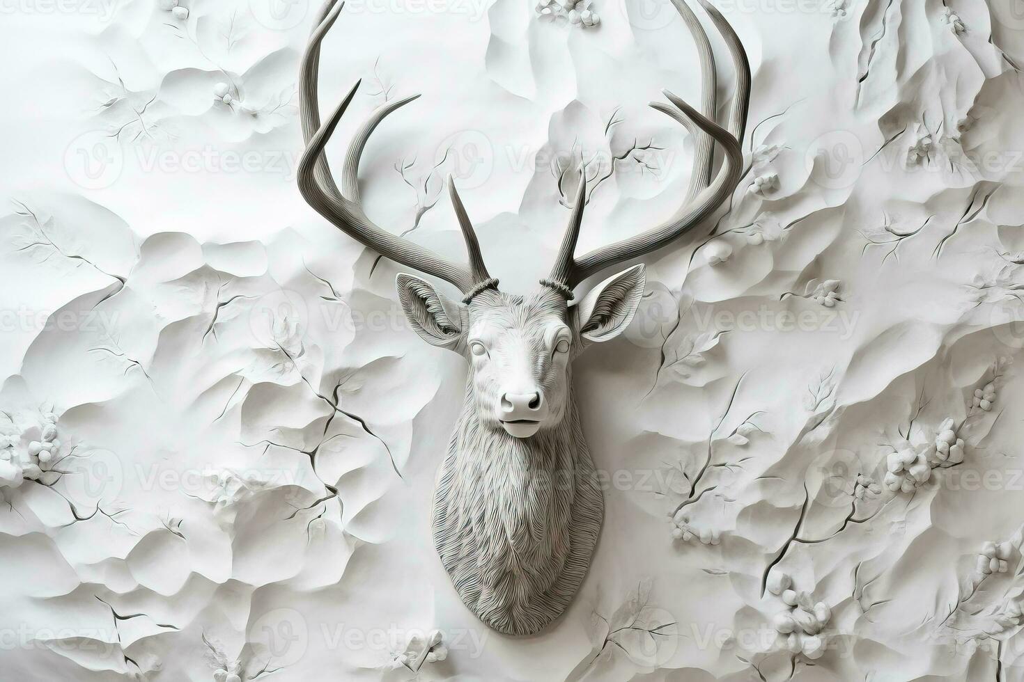 A close-up photo of a reindeer low relief sculpture on a snowy white background with empty space for text