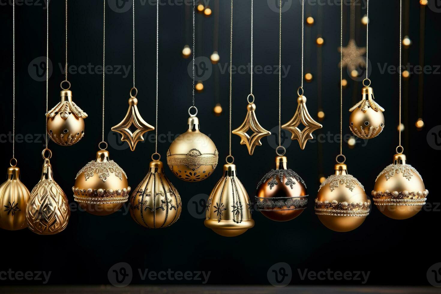 A collection of golden bell ornaments hanging on a glittery gradient background radiating elegance and festive cheer photo