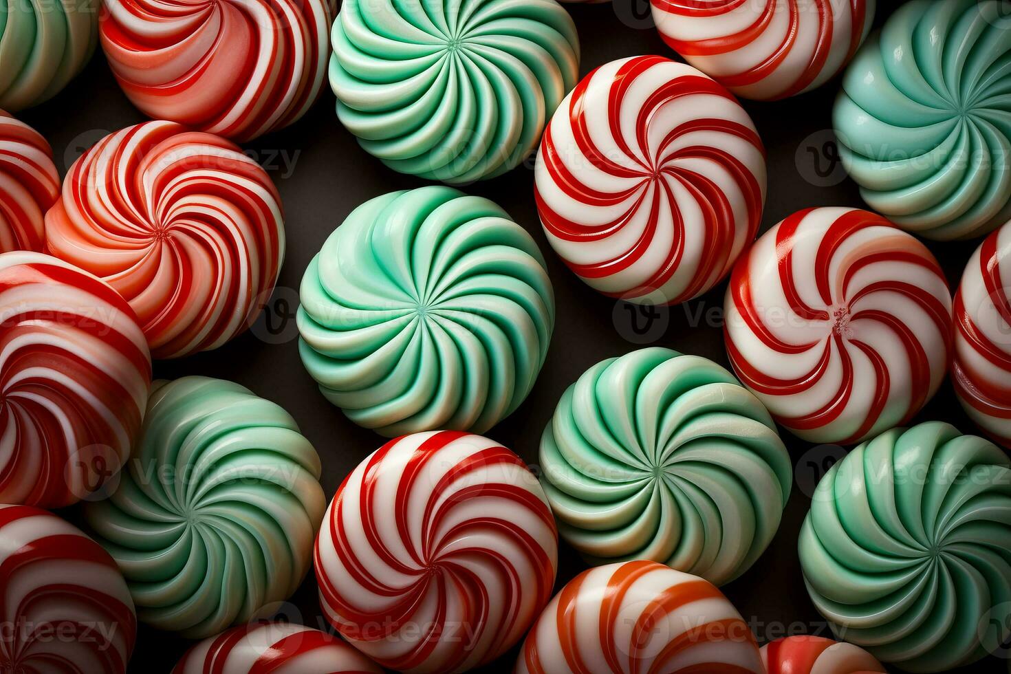 A close-up of colorful candy canes arranged in a low relief pattern against peppermint striped backgrounds photo