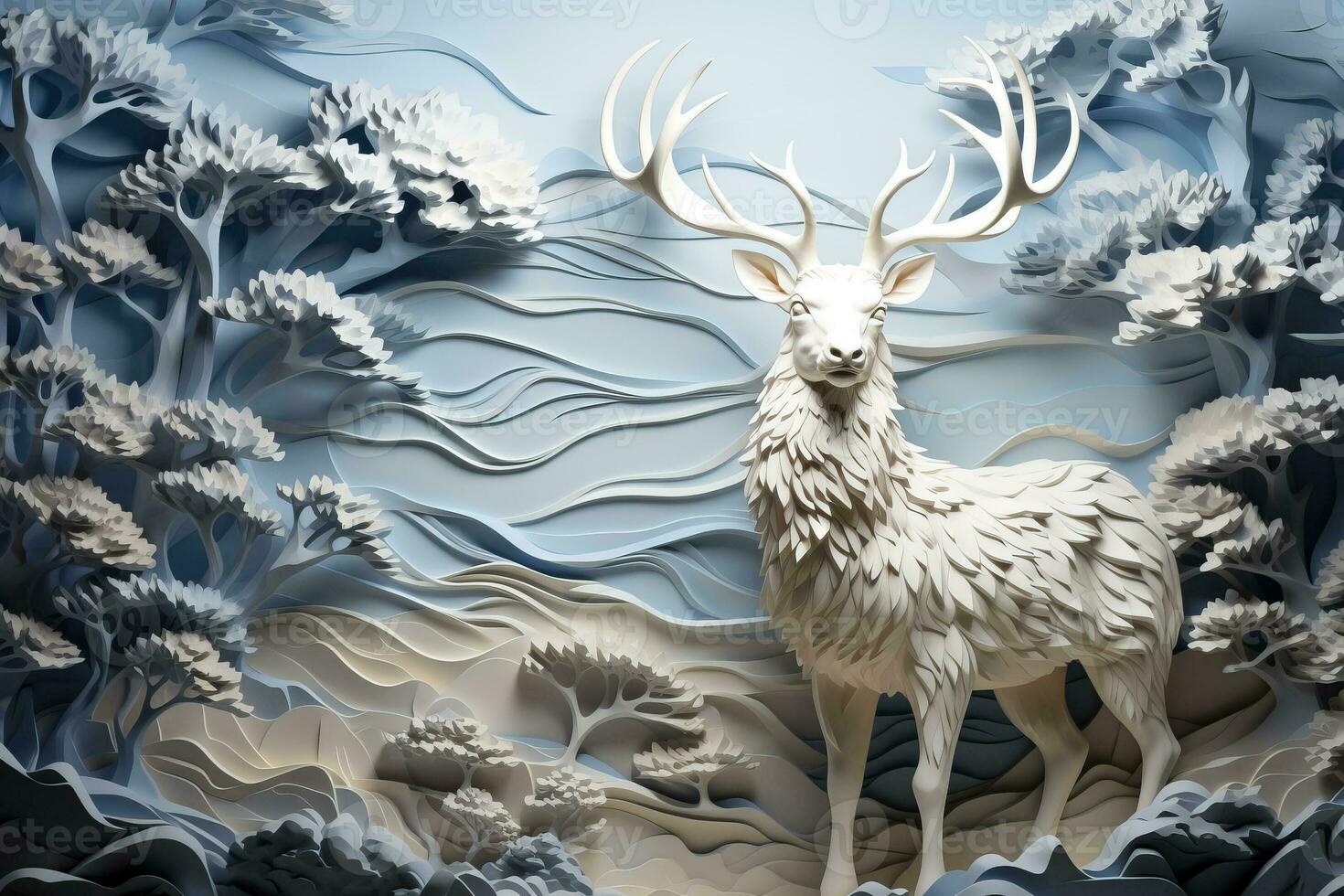 A majestic reindeer low relief sculpture against a serene snowy white background evoking the magic of winter photo