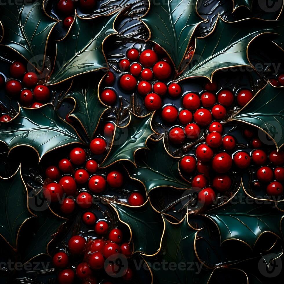Glistening holly leaves create a striking low relief against a backdrop of festive red hues photo