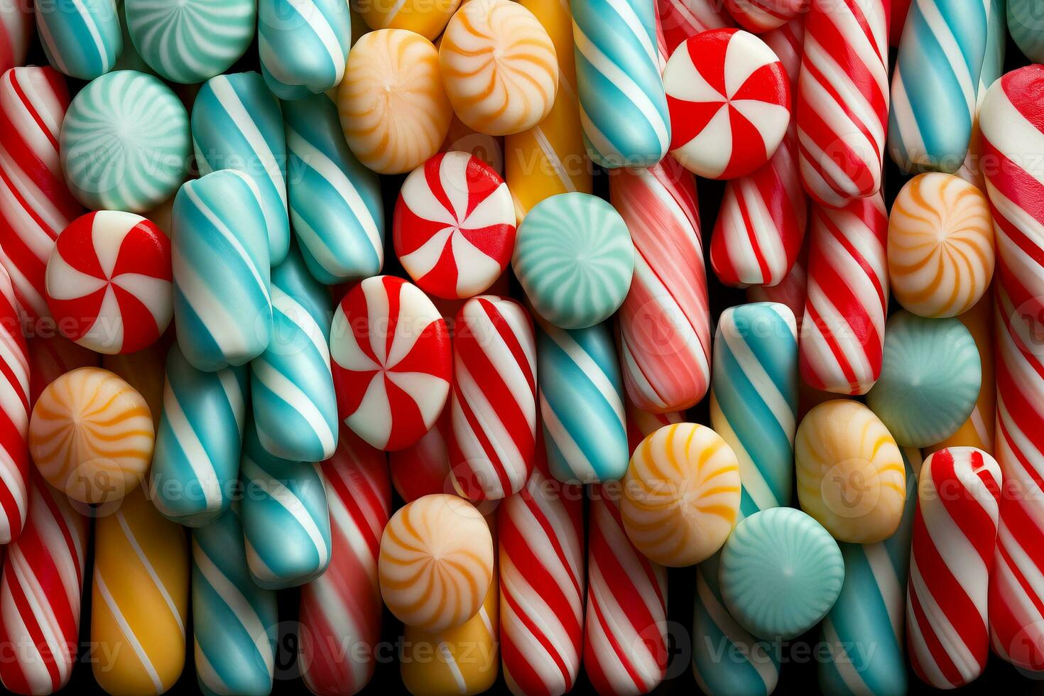 A close-up of colorful candy canes arranged in a low relief pattern against peppermint striped backgrounds photo