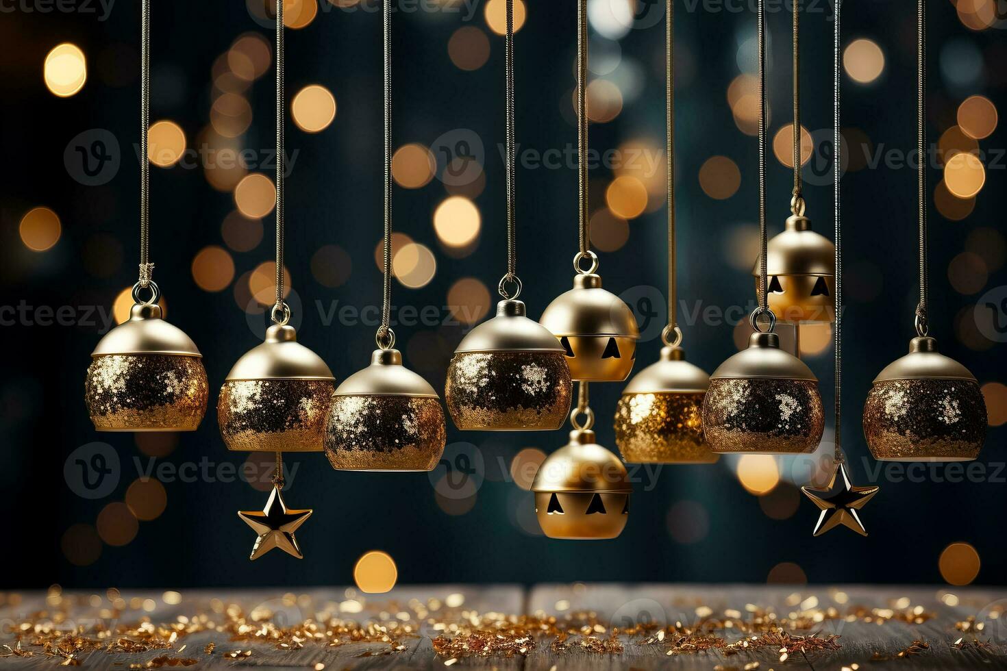 A collection of golden bell ornaments hanging on a glittery gradient background radiating elegance and festive cheer photo