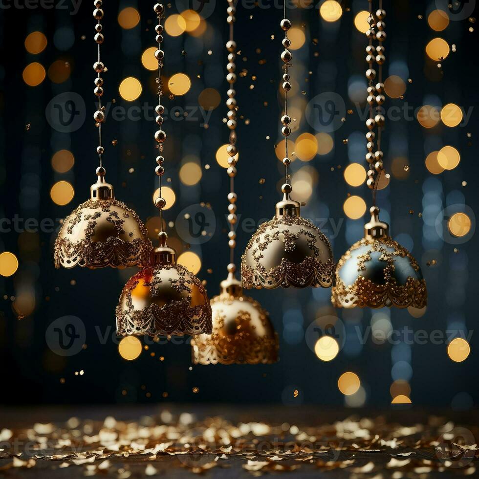 un colección de dorado campana adornos colgando en un reluciente degradado antecedentes radiante elegancia y festivo animar foto