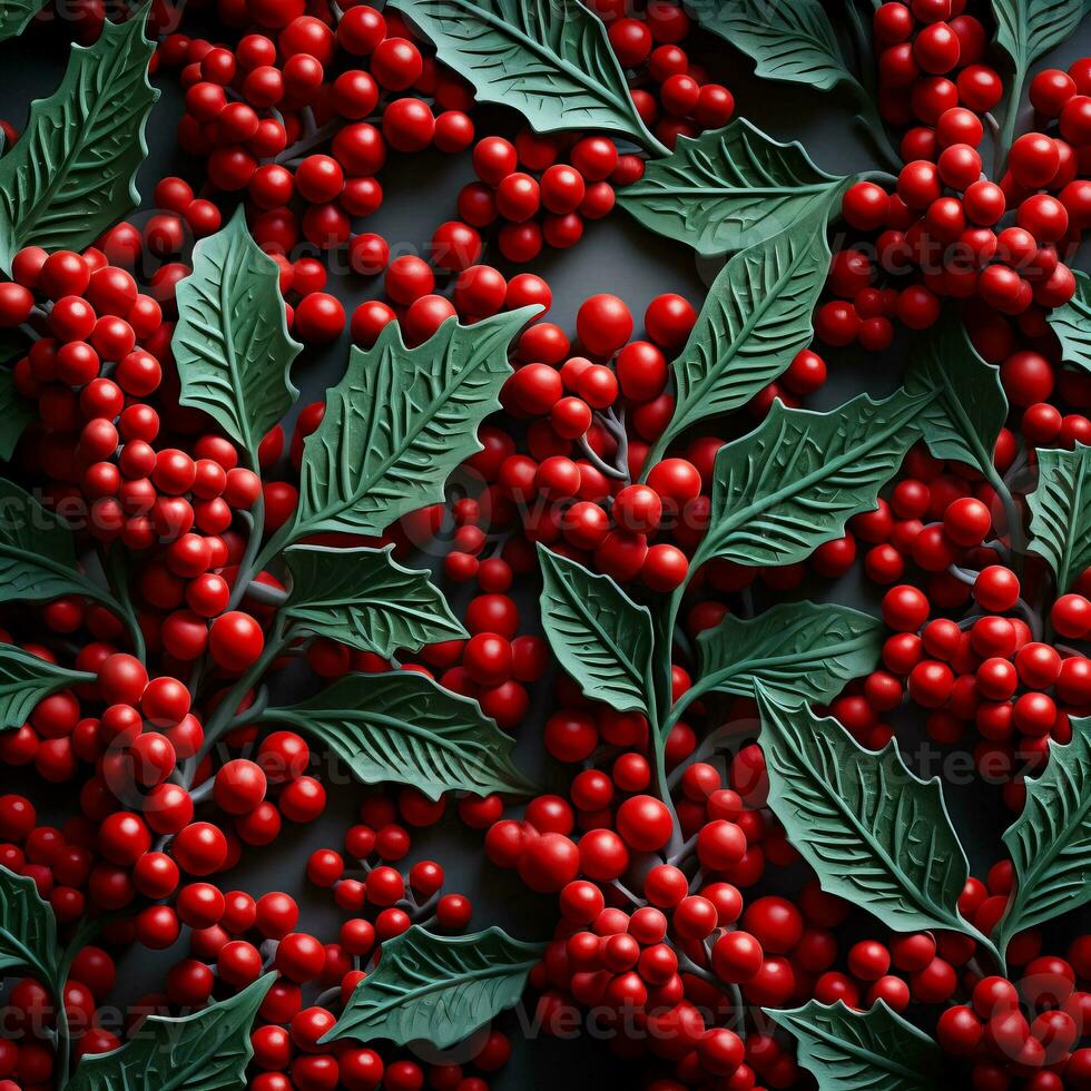 Bright red backgrounds complement intricately designed holly leaves creating a festive and eye-catching low relief photo