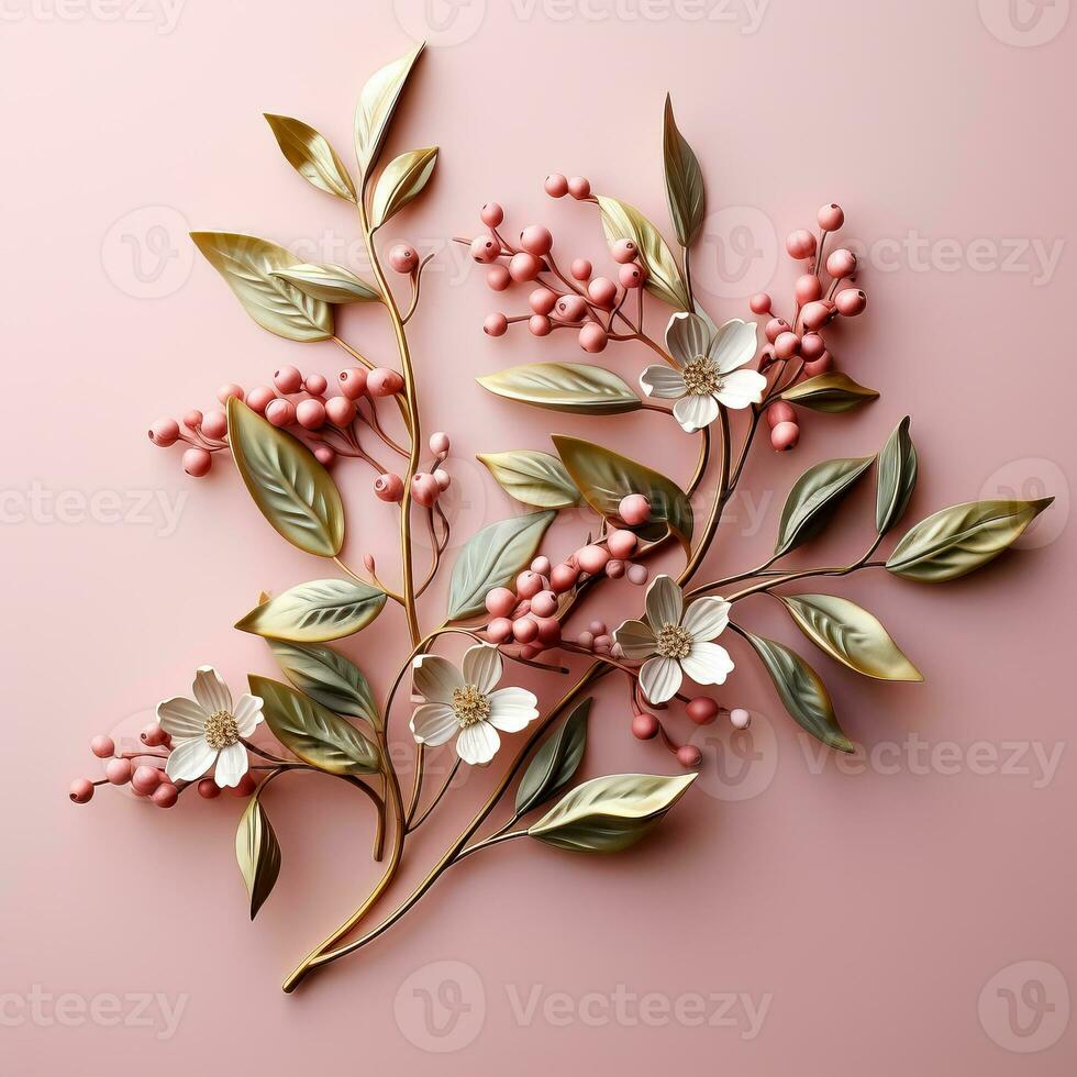 A close-up shot of mistletoe low relief on a soft blush pink background adds elegance to holiday decor photo