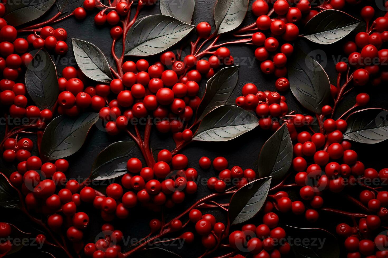 Bright red backgrounds complement intricately designed holly leaves creating a festive and eye-catching low relief photo