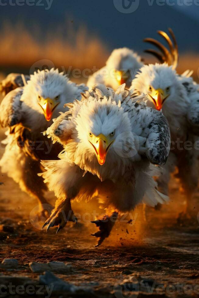 A group of determined birds aggressively swoop down on a predator fiercely defending their nests in the wilderness photo