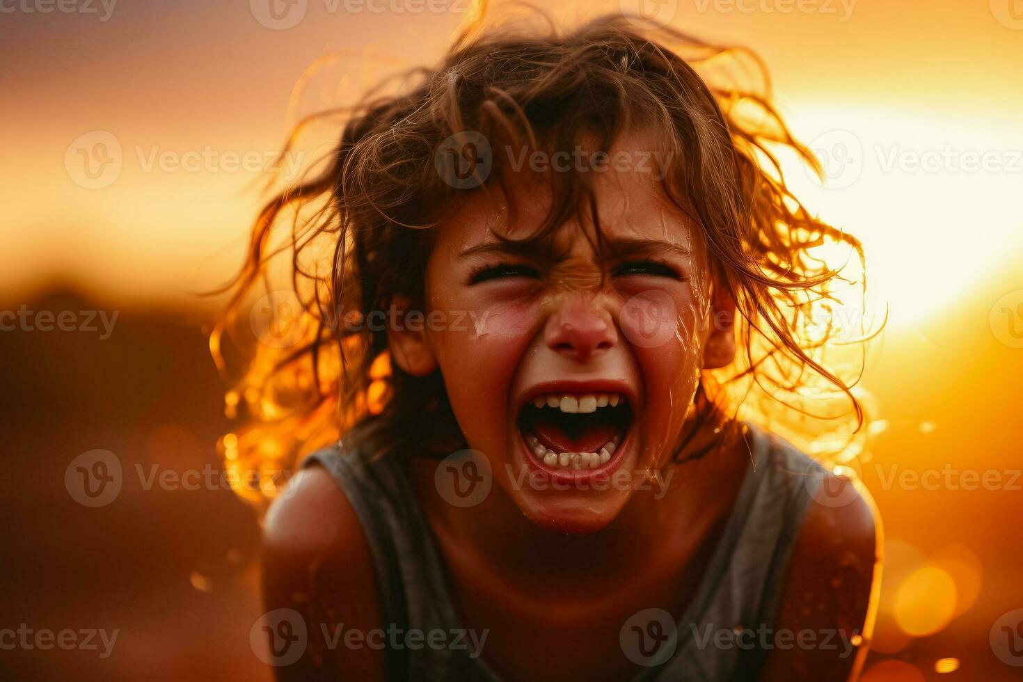 A close-up photo of a frustrated child with tears streaming down their face against a vibrant sunset gradient background