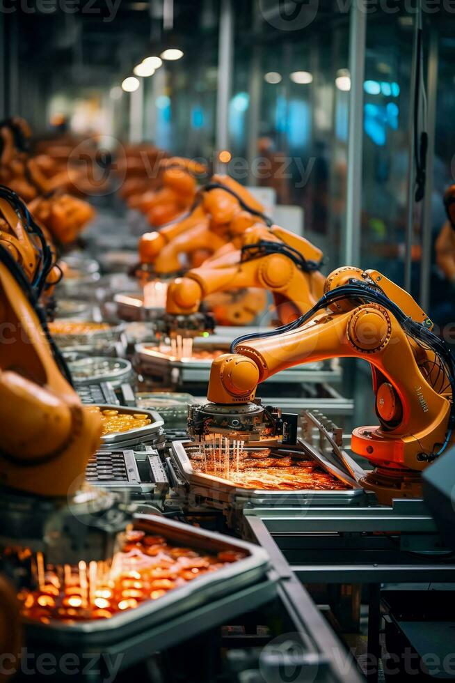 A robotic arm halts mid-air amidst a factory assembly line causing chaos and confusion among workers photo