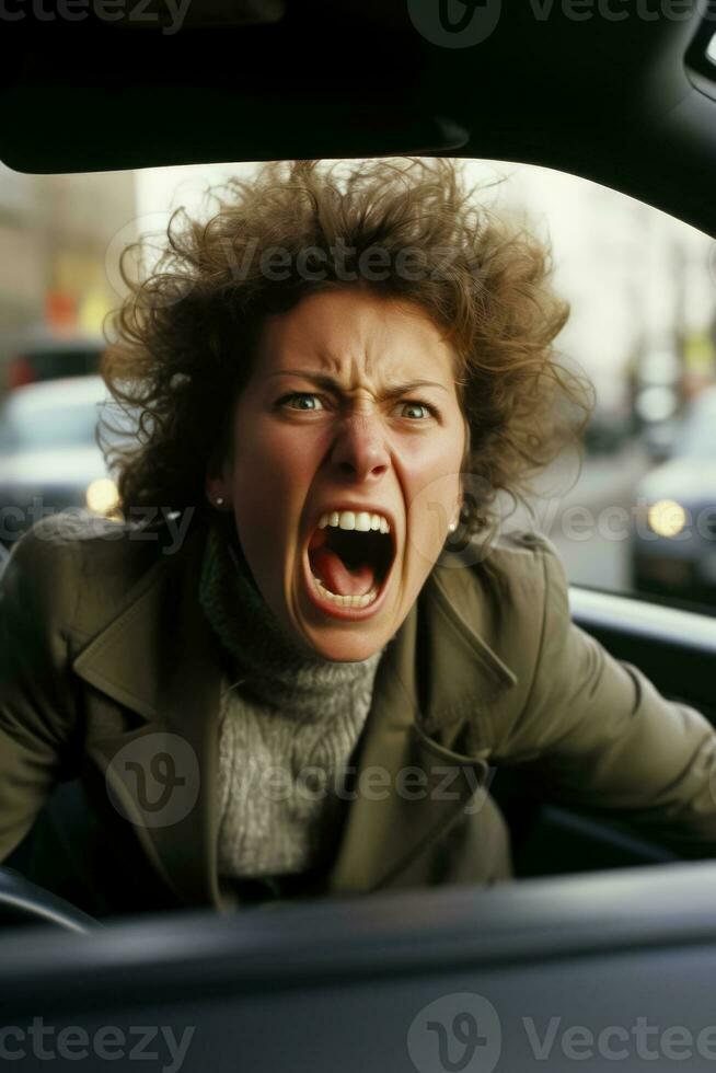 A furious man yells from his car while a woman reacts with wide-eyed frustration in a traffic jam photo