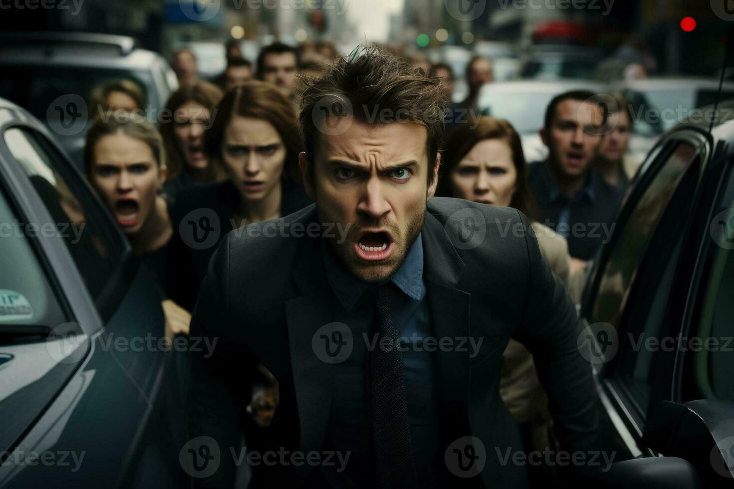 An intense traffic scene with frustrated men and women gesturing angrily background with empty space for text photo