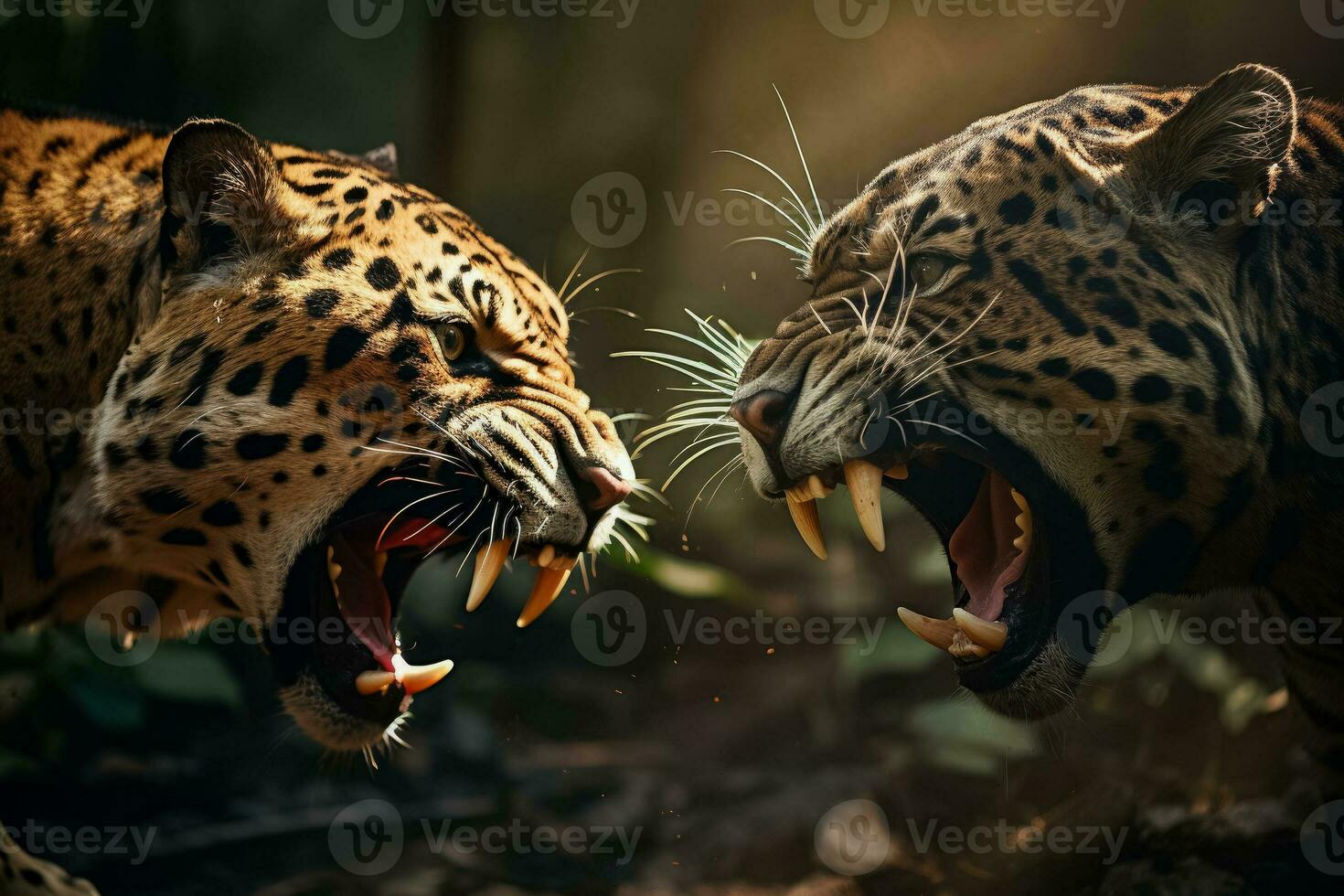 A tense jungle encounter between a growling tiger and a snarling leopard background with empty space for text photo