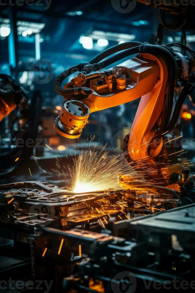 un mal funcionamiento robótico brazo chispas caos en un automatizado fábrica simbolizando el riesgos de avanzando tecnología foto
