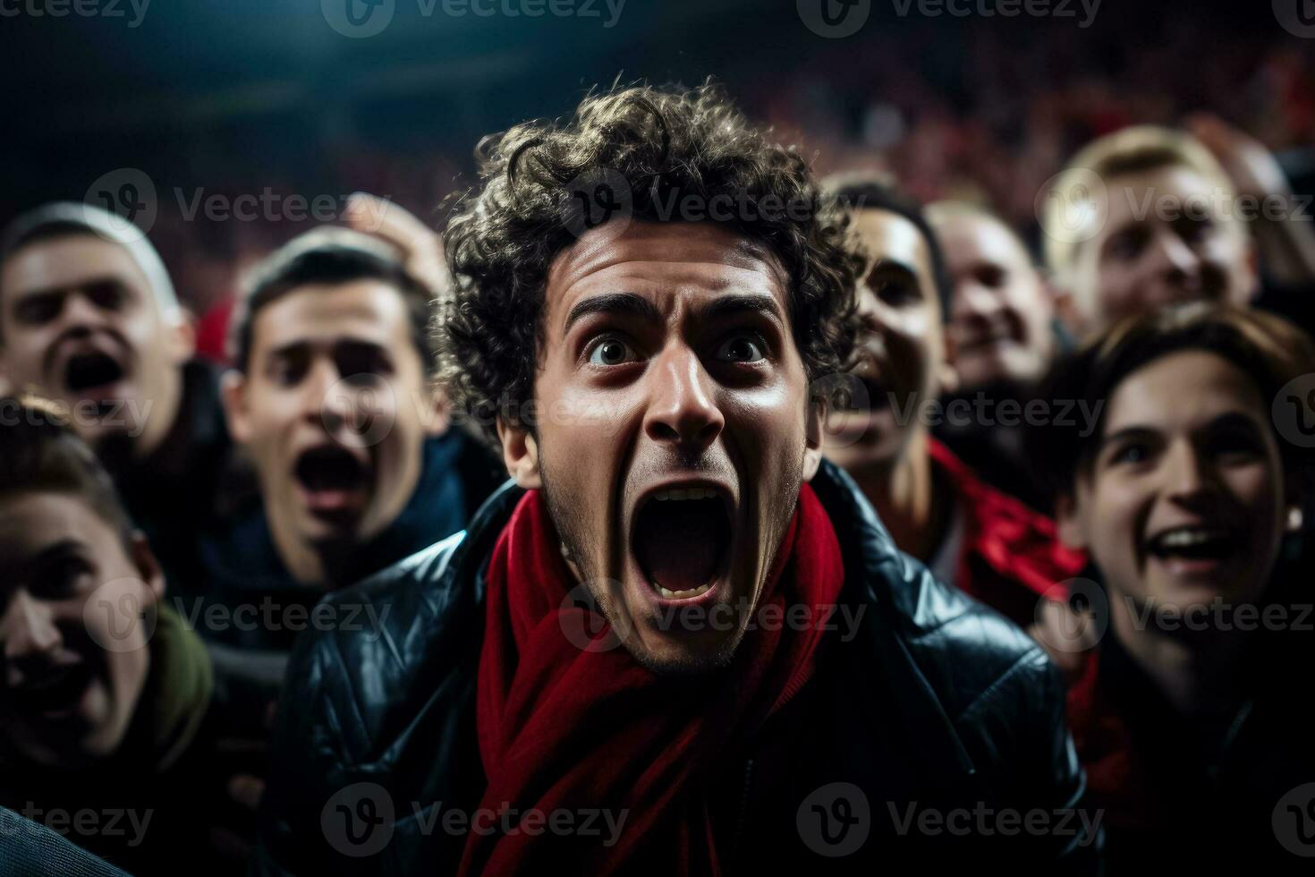 A crowd of furious fans at a soccer game their intense expressions highlighted against a background with empty space for text photo