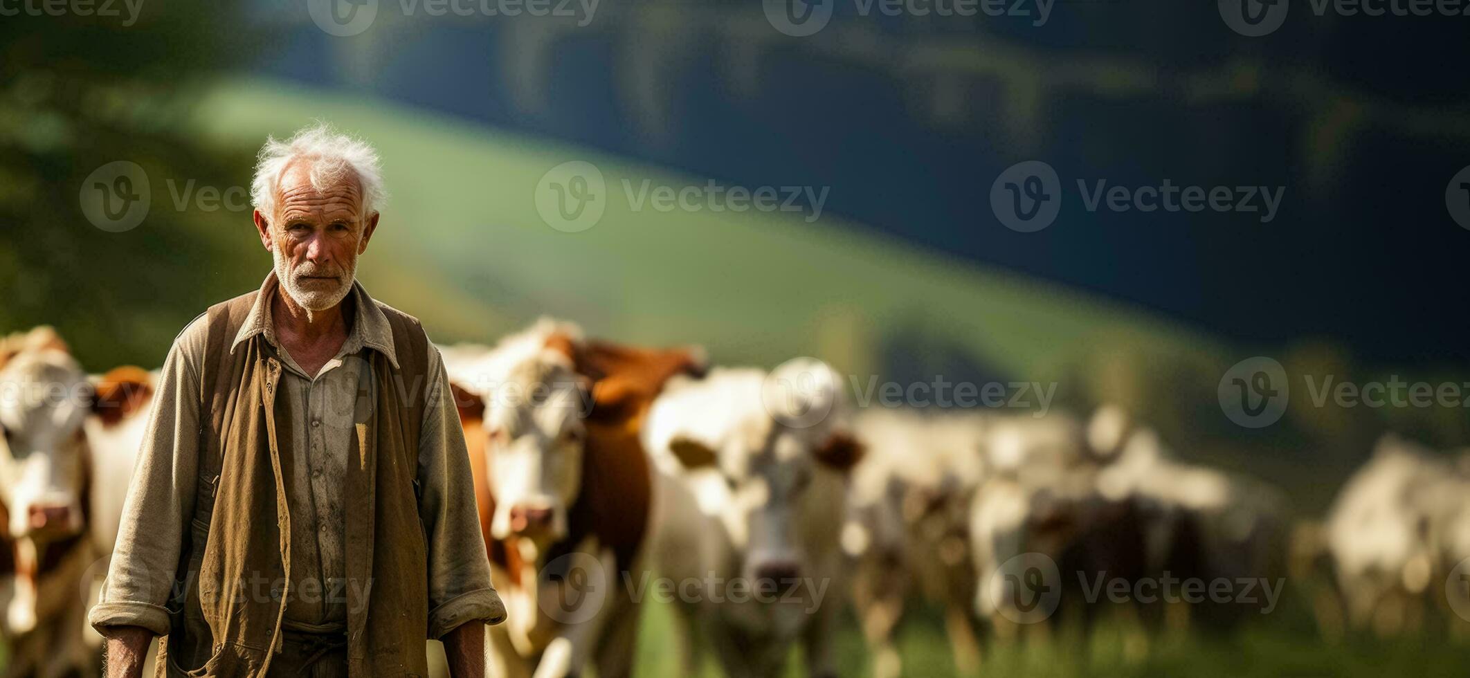 Frustrated farmer pulls on stubborn cows leash as other livestock peers on oblivious to his exasperation photo