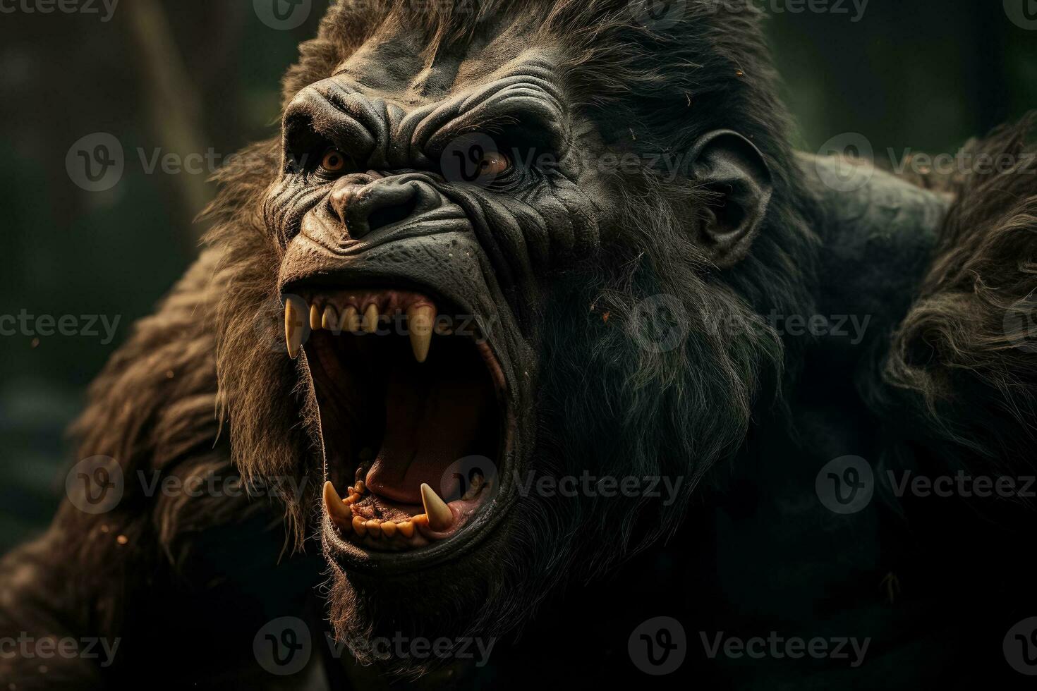 Close-up of a furious gorilla baring its teeth and glaring intensely in the wild photo