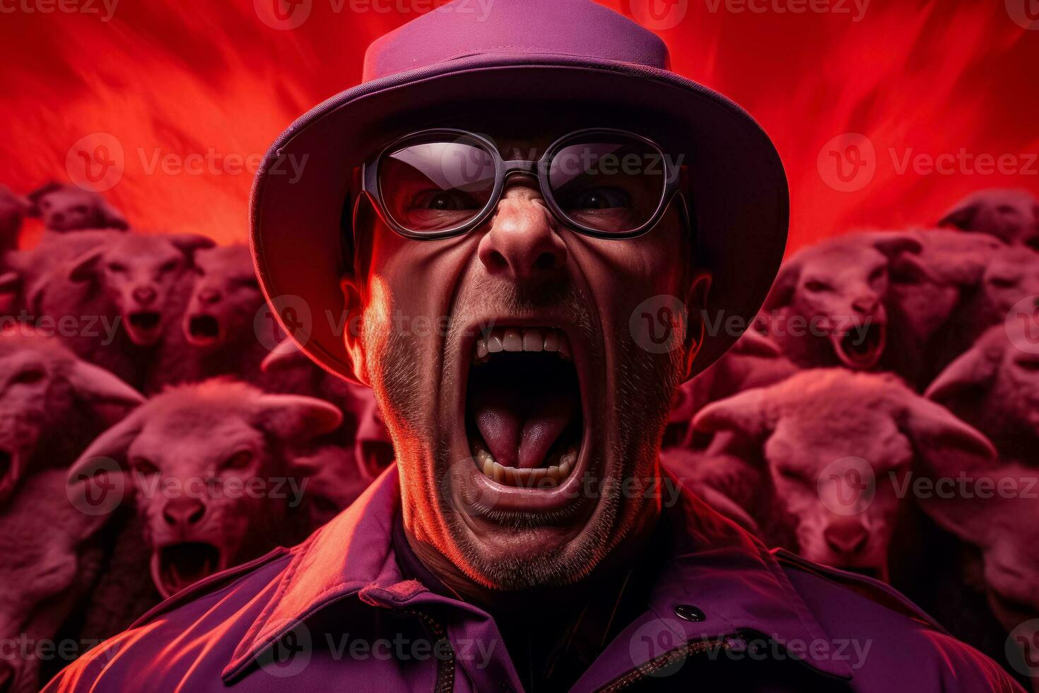 An angry farmer trying to herd stubborn sheep against a vibrant gradient backdrop of fiery red and calming purple tones photo
