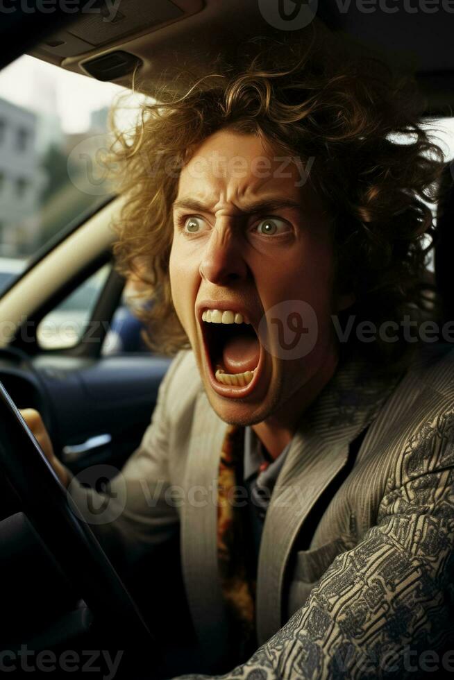 A furious man yells from his car while a woman reacts with wide-eyed frustration in a traffic jam photo