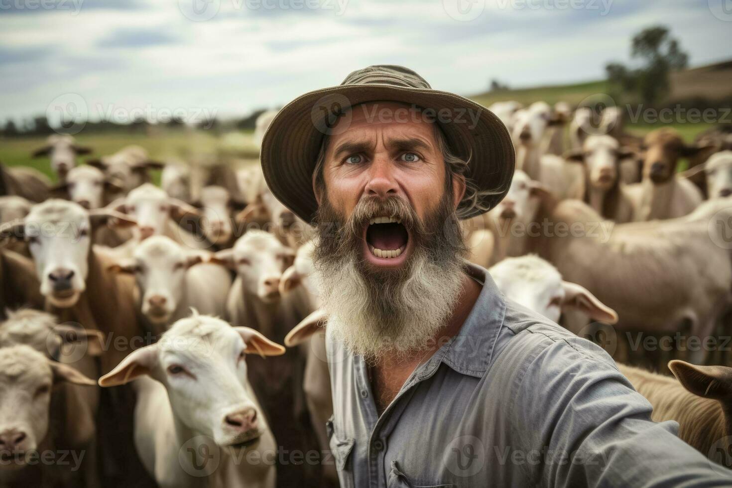 Angry farmers confront a group of stubborn goats in a barnyard with a scenic countryside background and open space for text photo