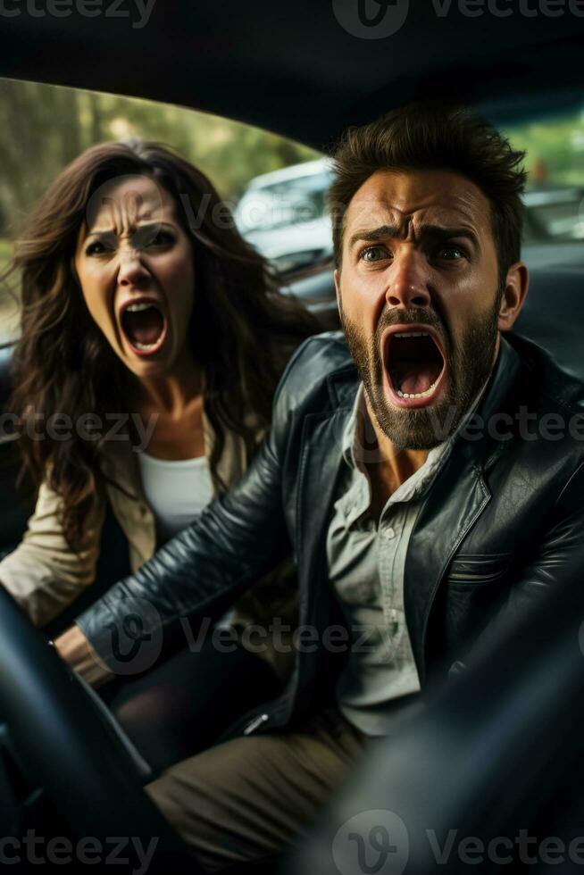 A furious man yells from his car while a woman reacts with wide-eyed frustration in a traffic jam photo