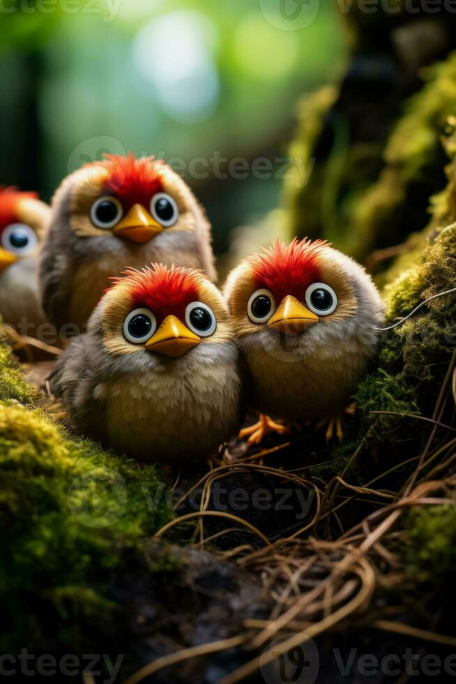 Closeup of angry birds protecting their nests in a lush forest background with empty space for text photo