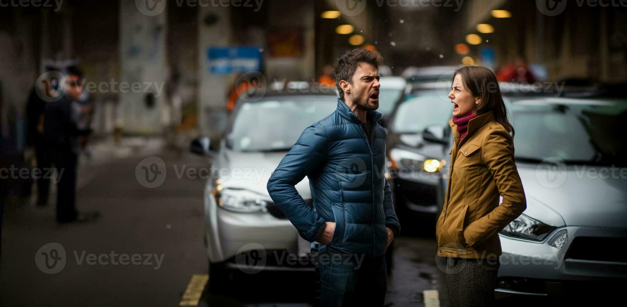 A split screen image shows a frustrated man and an infuriated woman shouting at each other in a traffic jam photo