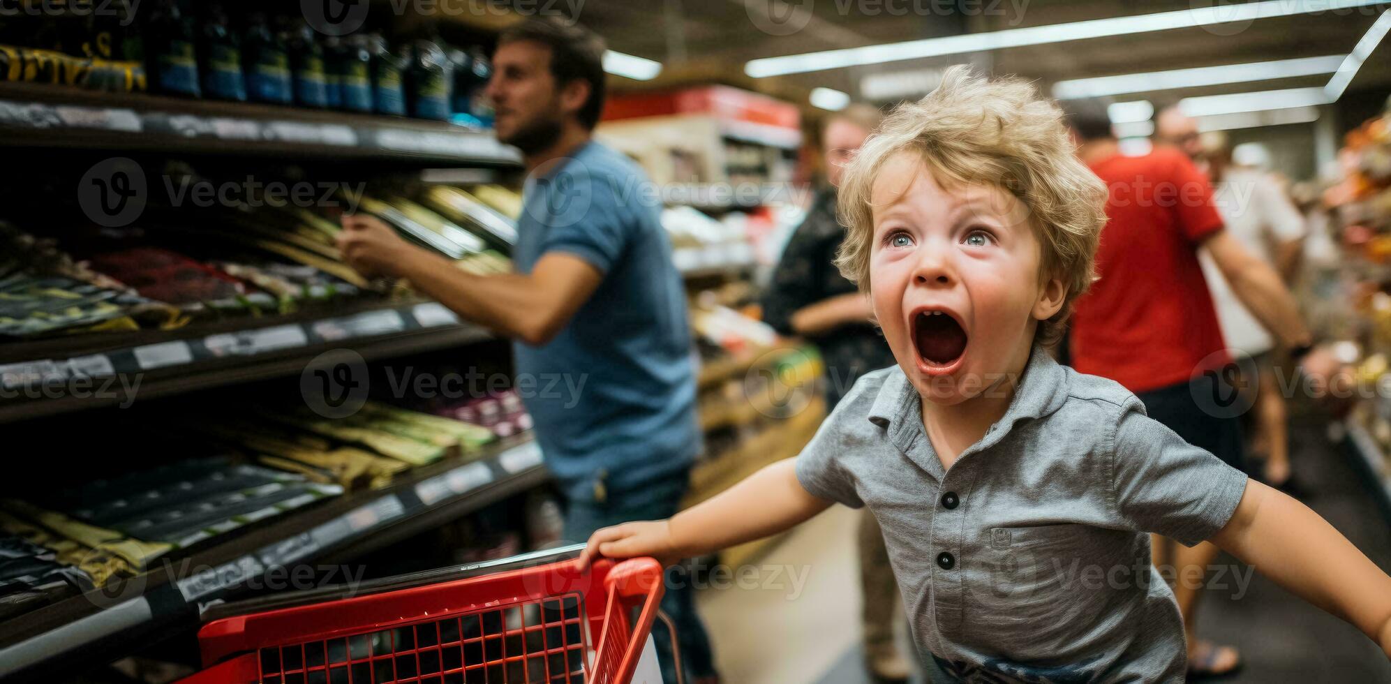 A young child throws a tantrum in a supermarket aisle causing chaos and